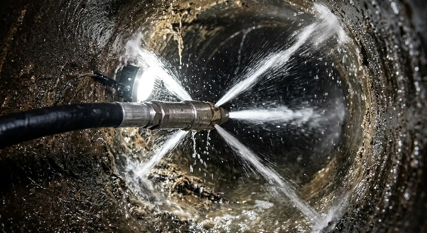 High-pressure hydro jetting nozzle cleaning sewer pipe for Sewer Cleanout in Benicia