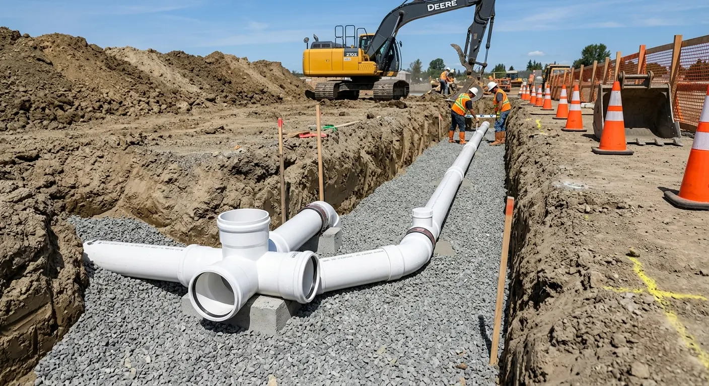 New PVC sewer pipe installation in open trench for Sewer Backup in Benicia