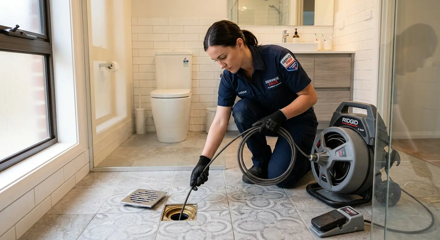 Technician clearing a bathroom floor drain for Drain Cleaning in Benicia